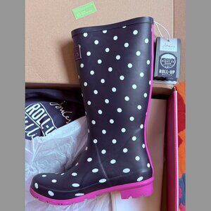 Polka Dot Roll-Up Welly Rain Boots | Black & White w/ Pink Accent | Size 8 | N
